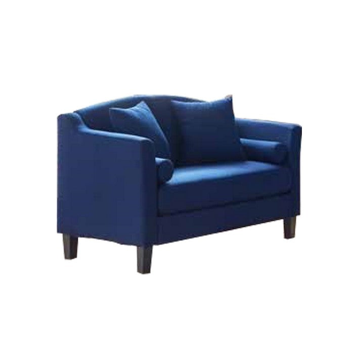 Fabric Upholstered Loveseat with Scalloped Back and Shelter Track Arms, Blue