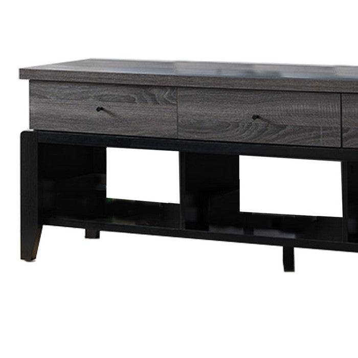 Wooden Frame TV Stand with 3 Drawers and 3 Open Compartments,Gray and Black