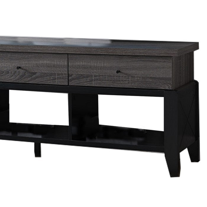 Wooden Frame TV Stand with 3 Drawers and 3 Open Compartments,Gray and Black