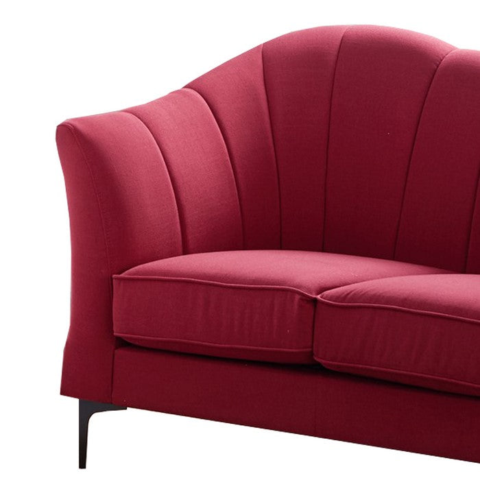 Vertical Channel Tufted Fabric Upholstered Loveseat with Metal Legs, Red