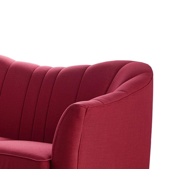 Vertical Channel Tufted Fabric Upholstered Loveseat with Metal Legs, Red