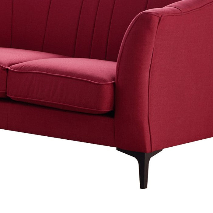 Vertical Channel Tufted Fabric Upholstered Loveseat with Metal Legs, Red