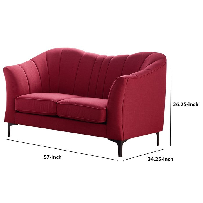 Vertical Channel Tufted Fabric Upholstered Loveseat with Metal Legs, Red