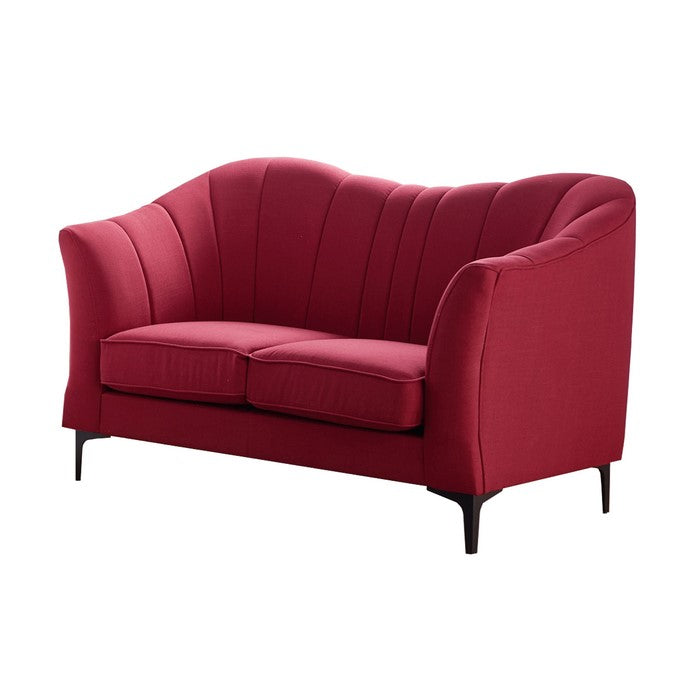 Vertical Channel Tufted Fabric Upholstered Loveseat with Metal Legs, Red