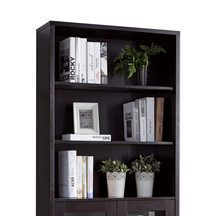Wooden Book Cabinet with 2 Shelves and 2 Glass Doors, Dark Brown