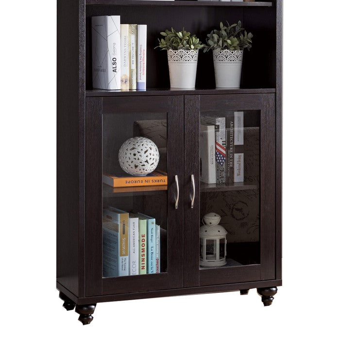 Wooden Book Cabinet with 2 Shelves and 2 Glass Doors, Dark Brown