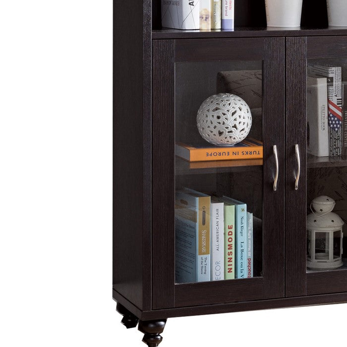 Wooden Book Cabinet with 2 Shelves and 2 Glass Doors, Dark Brown