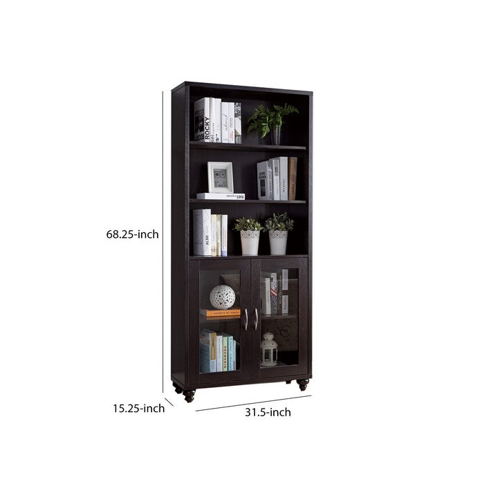 Wooden Book Cabinet with 2 Shelves and 2 Glass Doors, Dark Brown