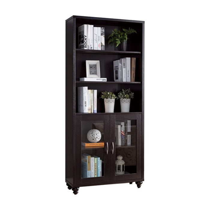 Wooden Book Cabinet with 2 Shelves and 2 Glass Doors, Dark Brown
