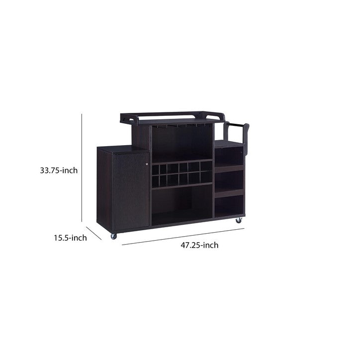Casters Supported Wooden Buffet Cart with Wine Rack and 1 Door Cabinet, Brown