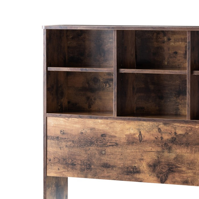 Wooden Full Bookcase Headboard with 6 Open Compartments, Distressed Brown