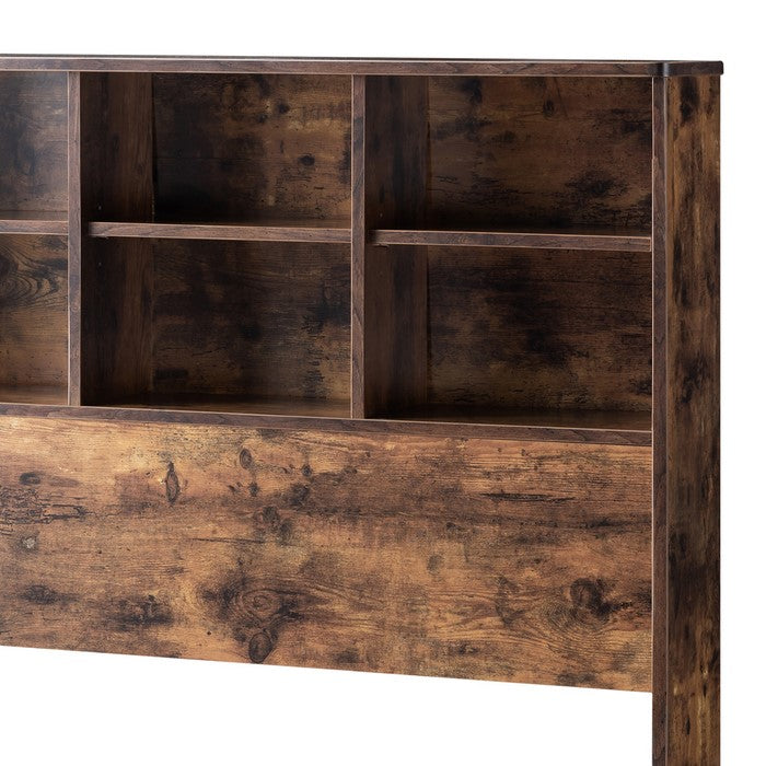 Wooden Full Bookcase Headboard with 6 Open Compartments, Distressed Brown