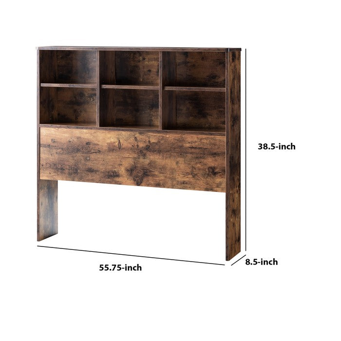 Wooden Full Bookcase Headboard with 6 Open Compartments, Distressed Brown