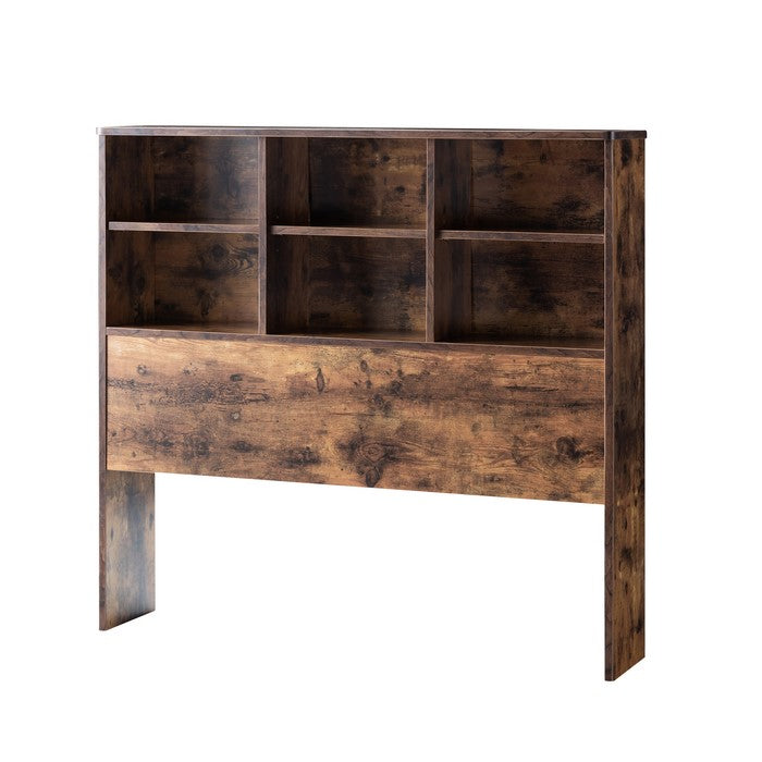 Wooden Full Bookcase Headboard with 6 Open Compartments, Distressed Brown