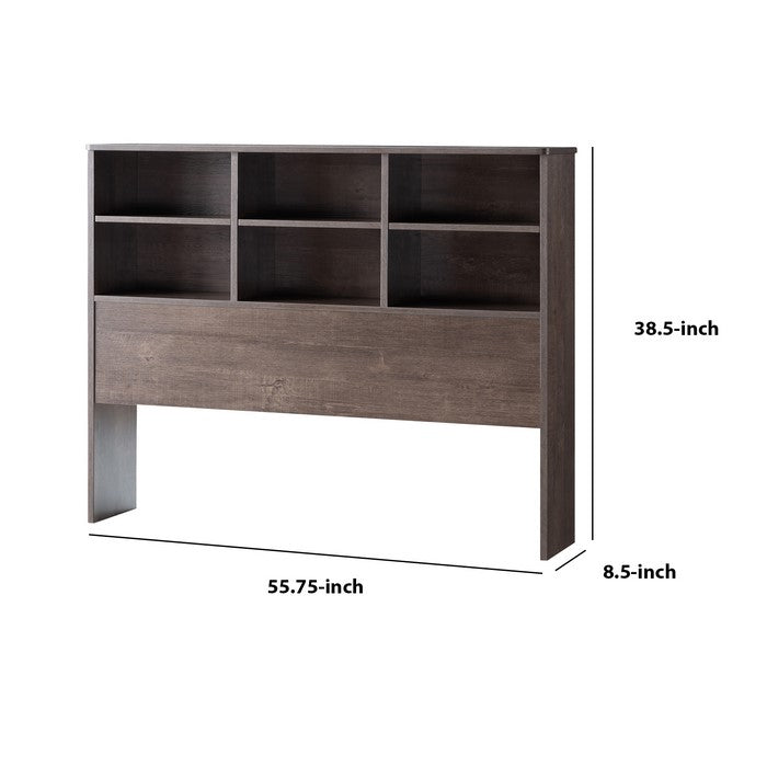 Wooden Full Bookcase Headboard with 6 Open Compartments, Walnut Brown