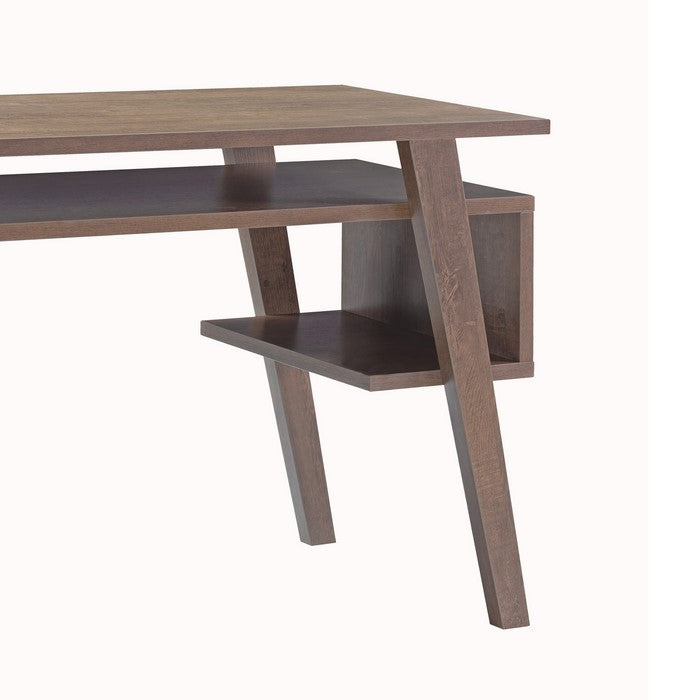 Rectangular Wooden Frame Desk with Open Shelf and 2 Display Decks, Brown
