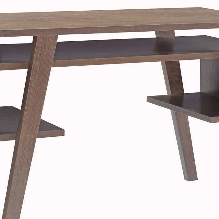 Rectangular Wooden Frame Desk with Open Shelf and 2 Display Decks, Brown