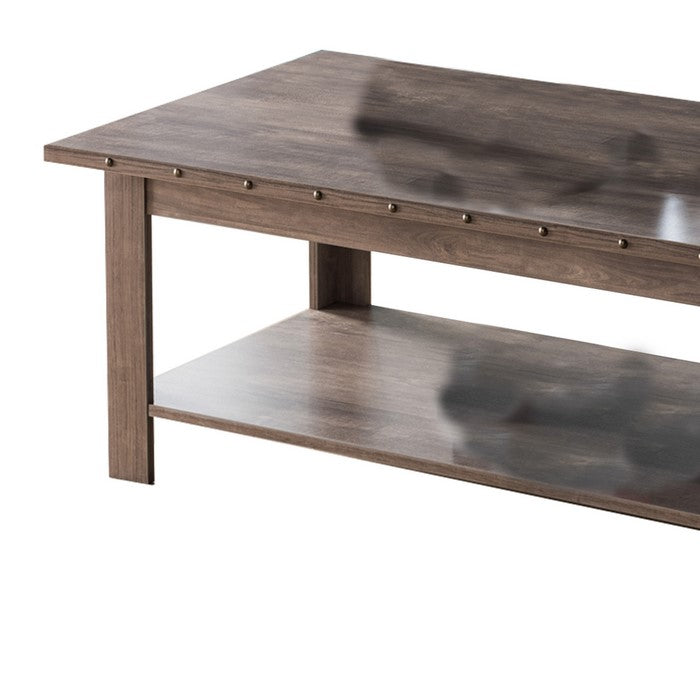 Rivets Accented Wooden Frame Coffee Table with Open Shelf, Hazelnut Brown
