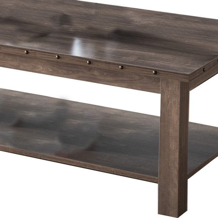 Rivets Accented Wooden Frame Coffee Table with Open Shelf, Hazelnut Brown