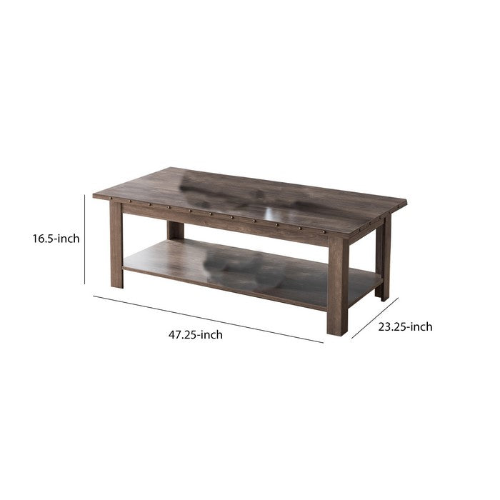 Rivets Accented Wooden Frame Coffee Table with Open Shelf, Hazelnut Brown