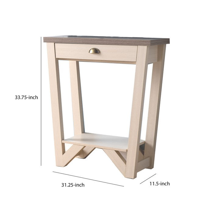 Wooden Console Table with 1 Drawer and Slanted Legs, Brown and Off White