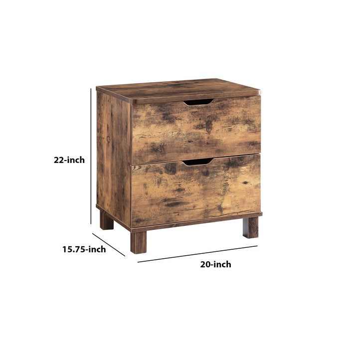 2 Drawers Wooden Frame Nightstand with Grain Details, Distressed Brown