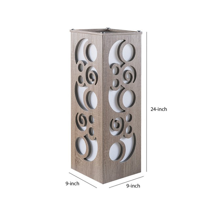 Cuboidal Wooden Frame Table Lamp with Cut Out Details, Taupe Brown