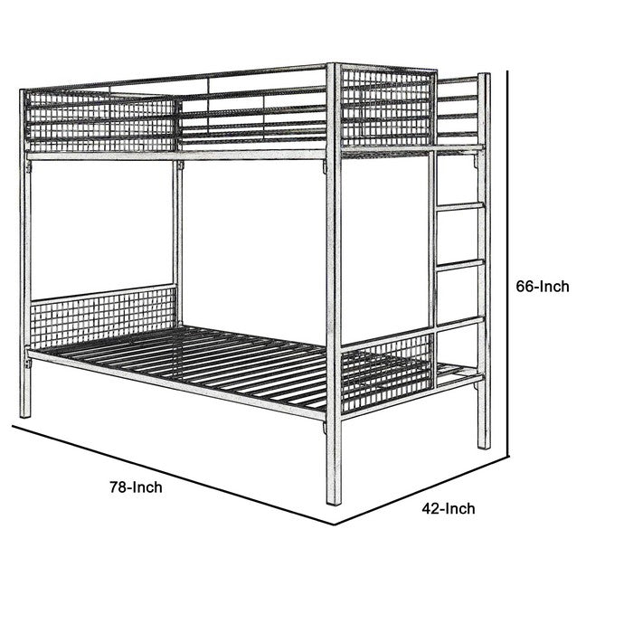 Industrial Style Twin Size Bunk Bed with Metal Grid Framework, Dark Gray