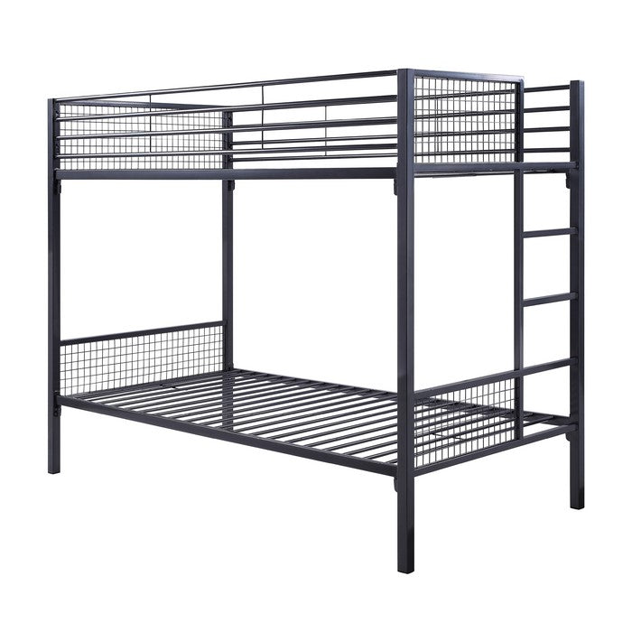 Industrial Style Twin Size Bunk Bed with Metal Grid Framework, Dark Gray