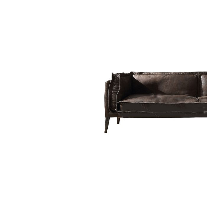 Leatherette Loveseat with Aluminum Accents and Vertical Stitching, Brown
