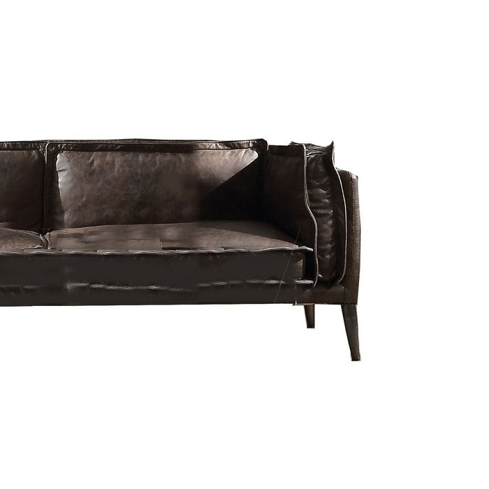 Leatherette Loveseat with Aluminum Accents and Vertical Stitching, Brown