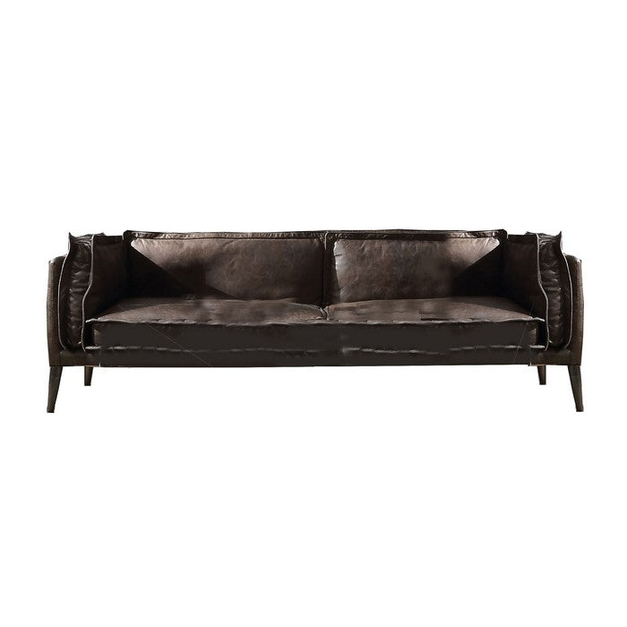 Leatherette Loveseat with Aluminum Accents and Vertical Stitching, Brown