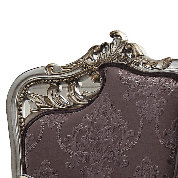 Textured Fabric Upholstered Chair with Right Facing Leaf, Purple and Silver