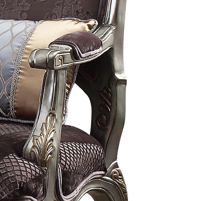 Textured Fabric Upholstered Chair with Right Facing Leaf, Purple and Silver