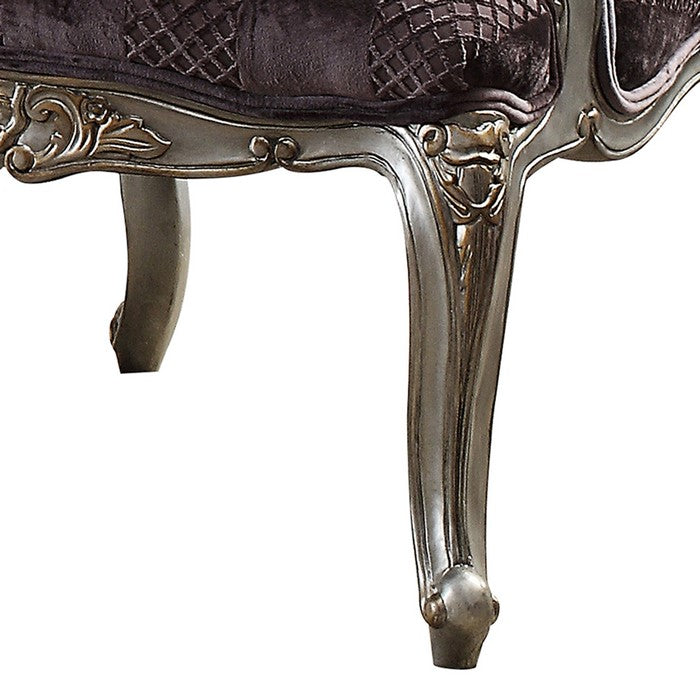 Textured Fabric Upholstered Chair with Right Facing Leaf, Purple and Silver