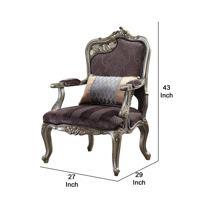 Textured Fabric Upholstered Chair with Right Facing Leaf, Purple and Silver