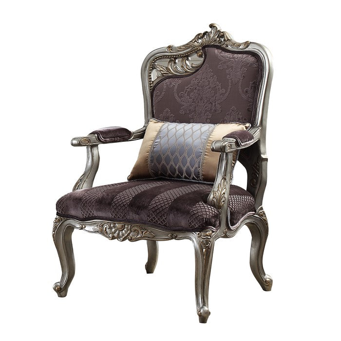 Textured Fabric Upholstered Chair with Right Facing Leaf, Purple and Silver