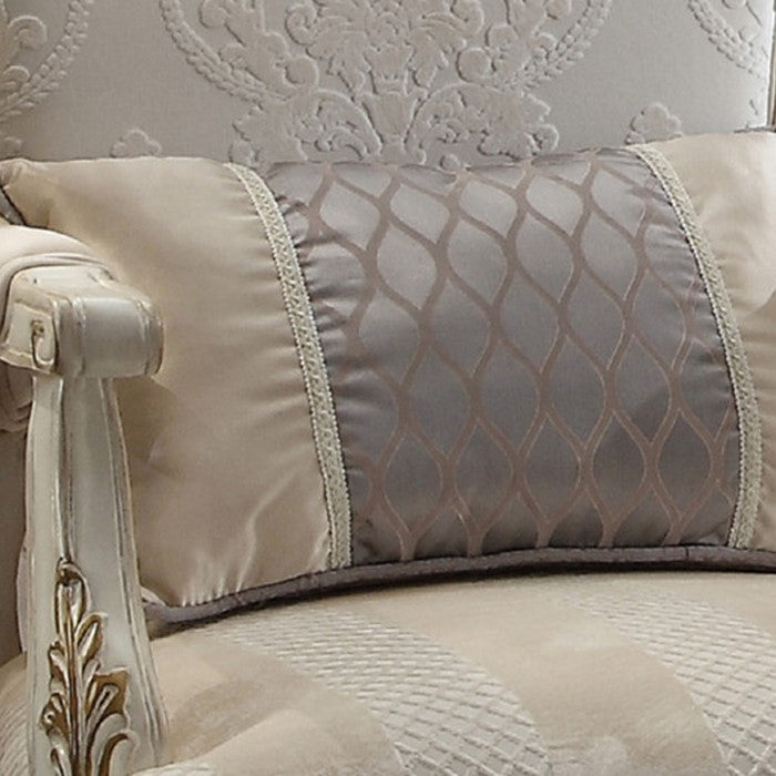 Textured Fabric Upholstered Chair with Left Facing Leaf, White and Beige