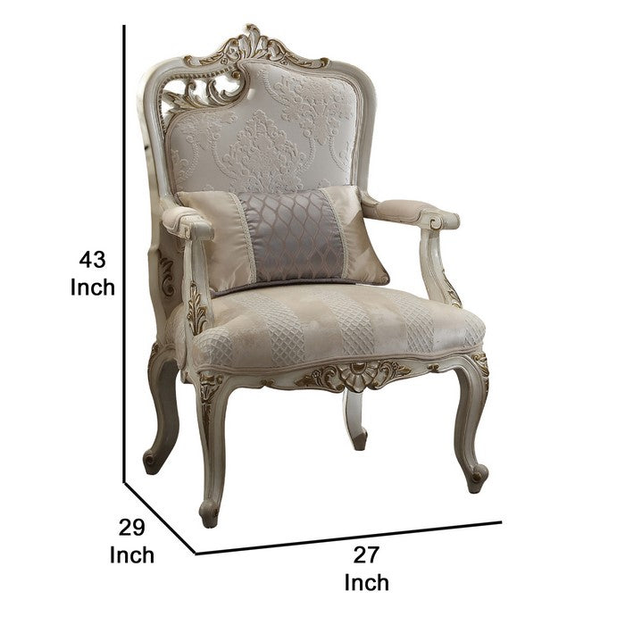 Textured Fabric Upholstered Chair with Left Facing Leaf, White and Beige