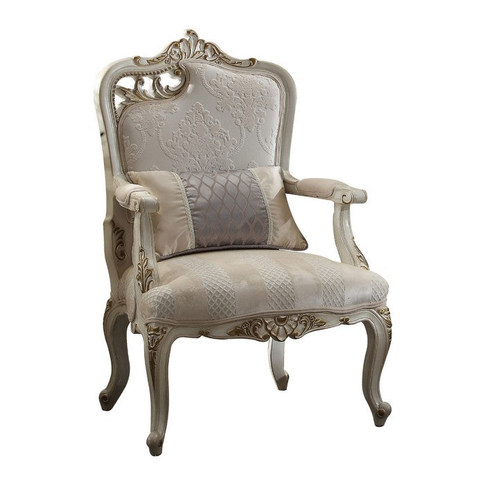 Textured Fabric Upholstered Chair with Left Facing Leaf, White and Beige