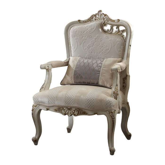 Textured Fabric Upholstered Chair with Right Facing Leaf, White and Beige