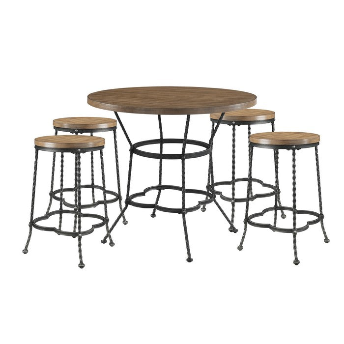 5 Piece Counter Height Set with 1 Table and 4 Stools, Brown and Black
