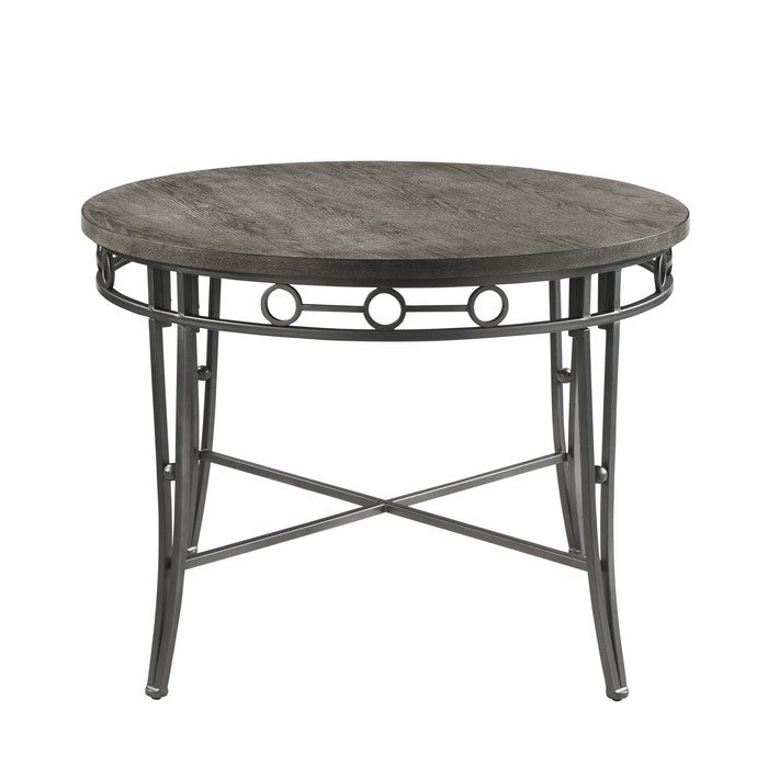 Round Dining Table with Wooden Top and Geometric Metal Accents, Gray