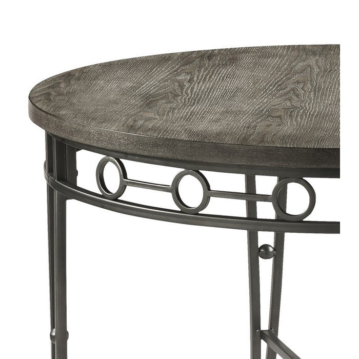 Round Dining Table with Wooden Top and Geometric Metal Accents, Gray