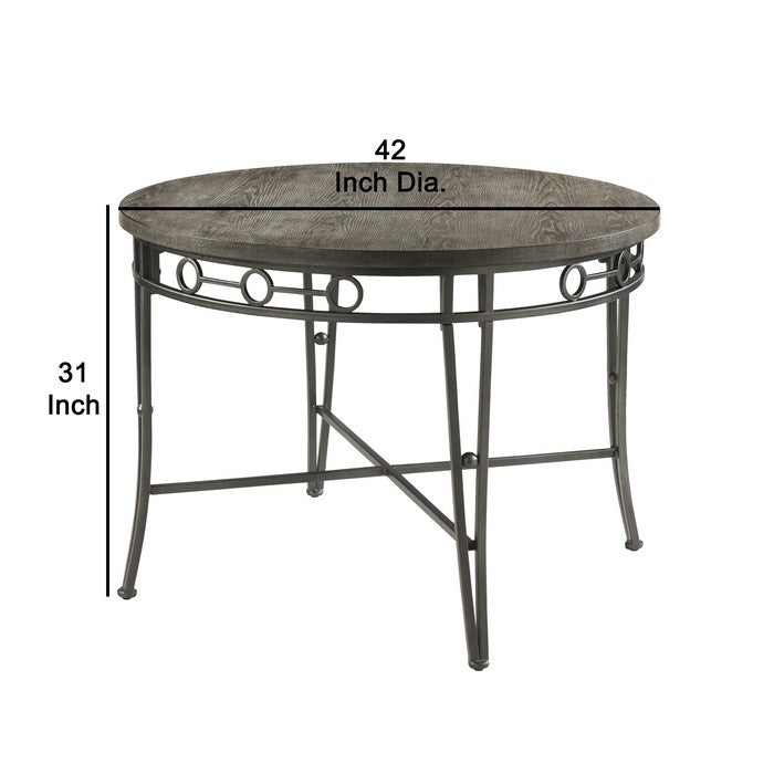 Round Dining Table with Wooden Top and Geometric Metal Accents, Gray