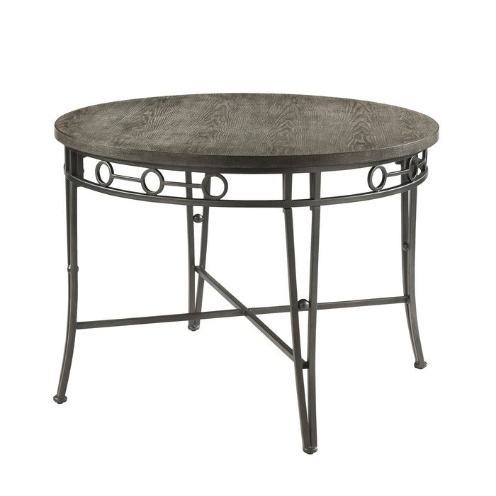 Round Dining Table with Wooden Top and Geometric Metal Accents, Gray