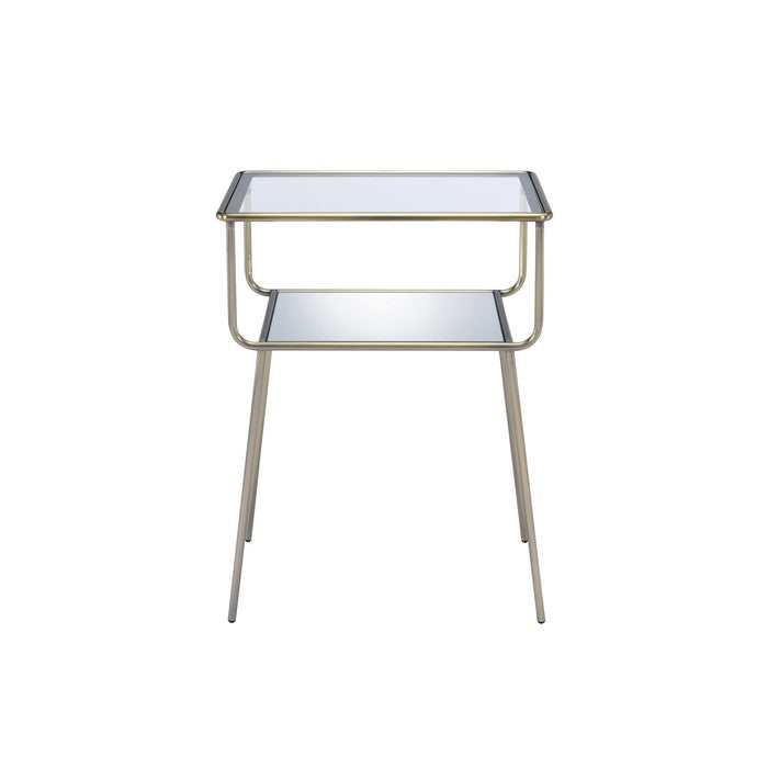 Glass Top End Table with Metal Frame and Open Bottom Shelf, Brass and Clear