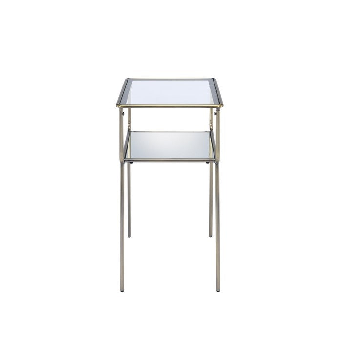 Glass Top End Table with Metal Frame and Open Bottom Shelf, Brass and Clear