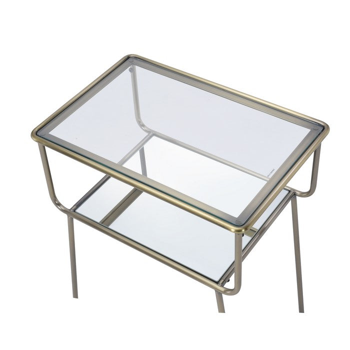 Glass Top End Table with Metal Frame and Open Bottom Shelf, Brass and Clear