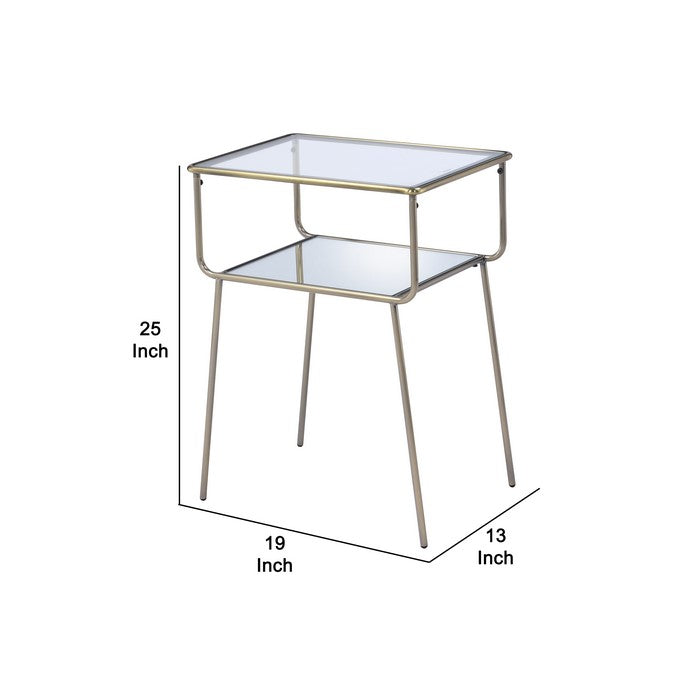 Glass Top End Table with Metal Frame and Open Bottom Shelf, Brass and Clear